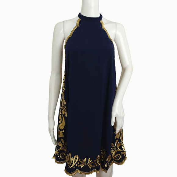 Lilly Pulitzer Quinn Halter Swing Dress Size XXS Navy Blue Gold Embroidery Lined - Picture 1 of 12